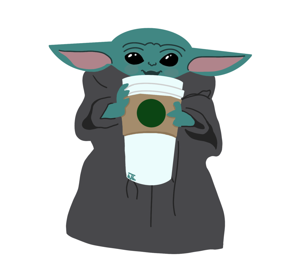 Grogu drinking out of a coffee cup