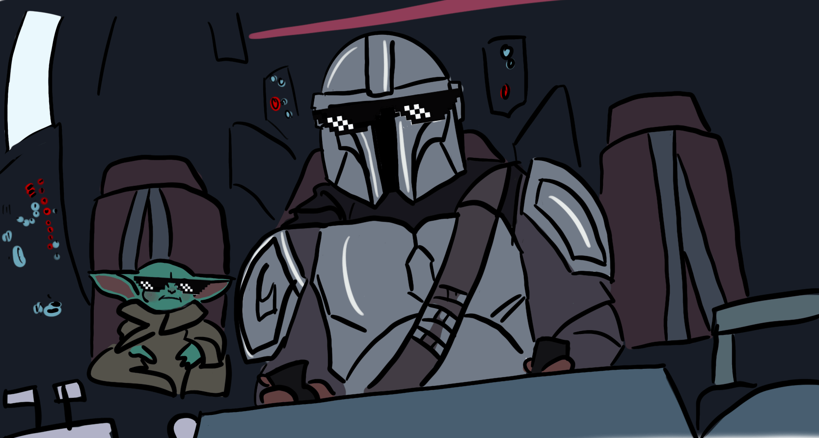 Illustration of the Mandalorian and Grogu wearing sunglasses