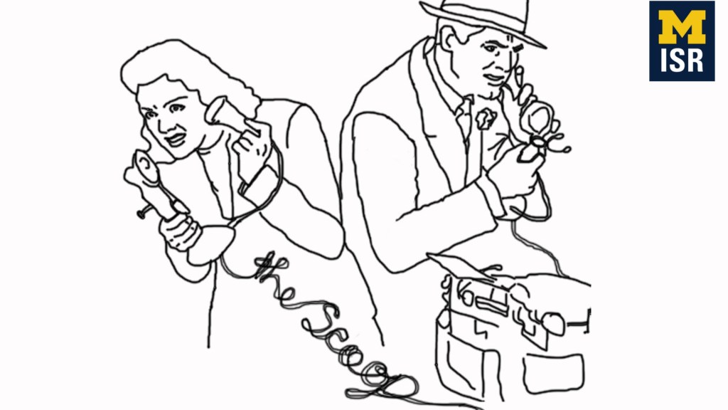 Line drawing of characters from the movie "His Girl Friday" answering telephones, with the words "the scoop" drawn as the telephone cord.