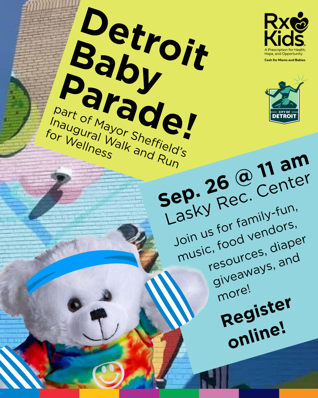 graphic for Rx Kids Detroit Baby Parade 2026. Includes event info and Rx Kids bear Luna.